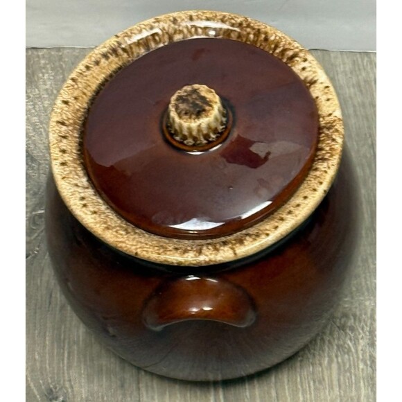 Hull Pottery Vintage Drip Brown Bean Pot Lid Oven Proof Crock USA Made Glaze Jar - Picture 15 of 16